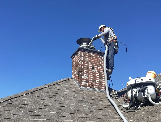 Dedicated New Albany Chimney Sweep team member cleaning a chimney in New Albany, OH