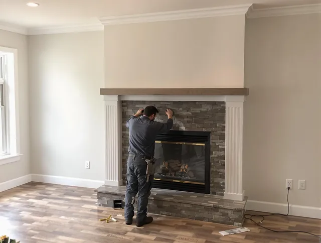 New Albany Chimney Sweep finishing a custom fireplace install in New Albany, OH